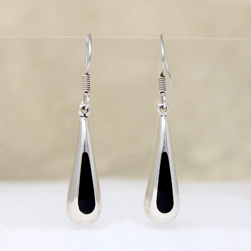 Mexican Silver & Black Enamel Teardrop Earrings