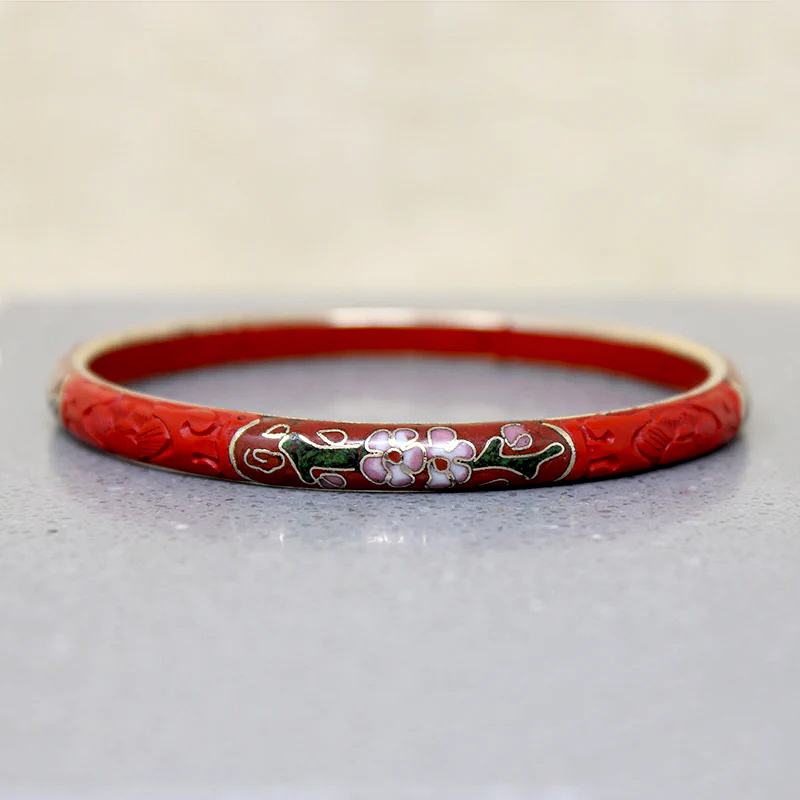 Cinnabar Bangle with Cloisonné Flowers