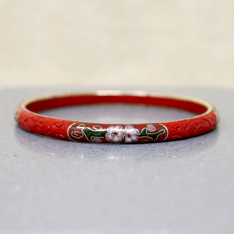 Cinnabar Bangle with Cloisonné Flowers