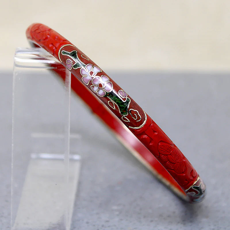 Cinnabar Bangle with Cloisonné Flowers