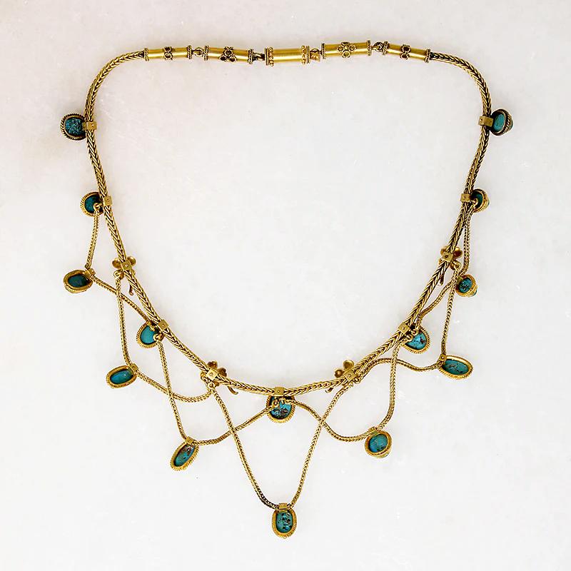 Sumptuous Architectural Revival Gold & Turquoise Swag Necklace