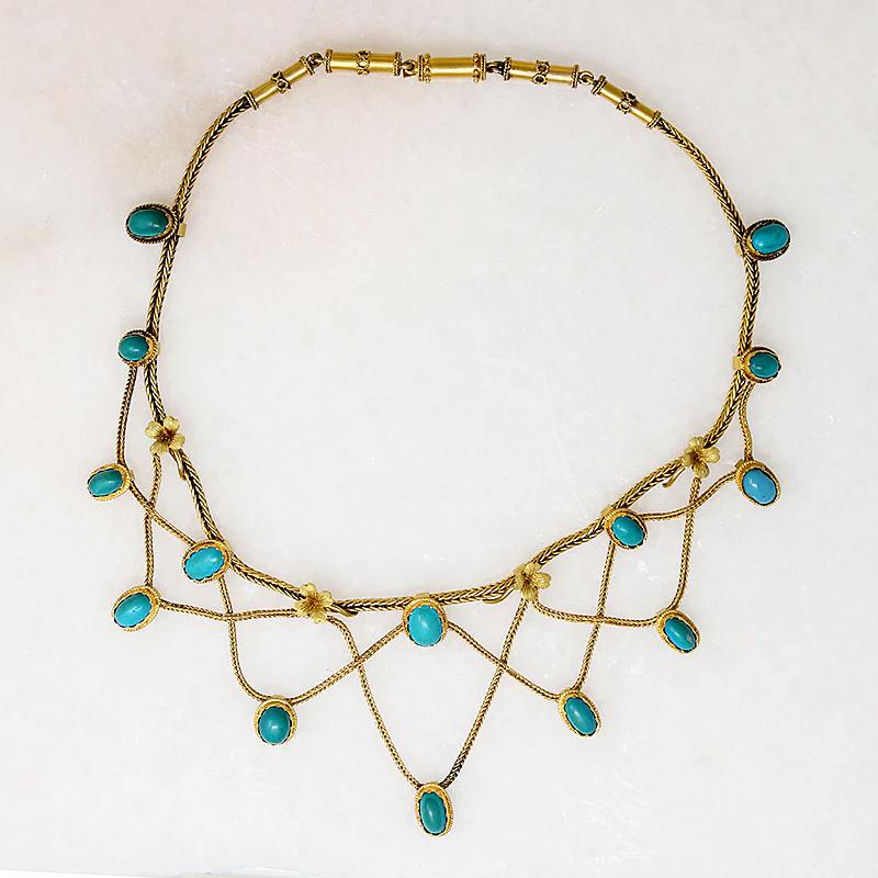 Sumptuous Architectural Revival Gold & Turquoise Swag Necklace