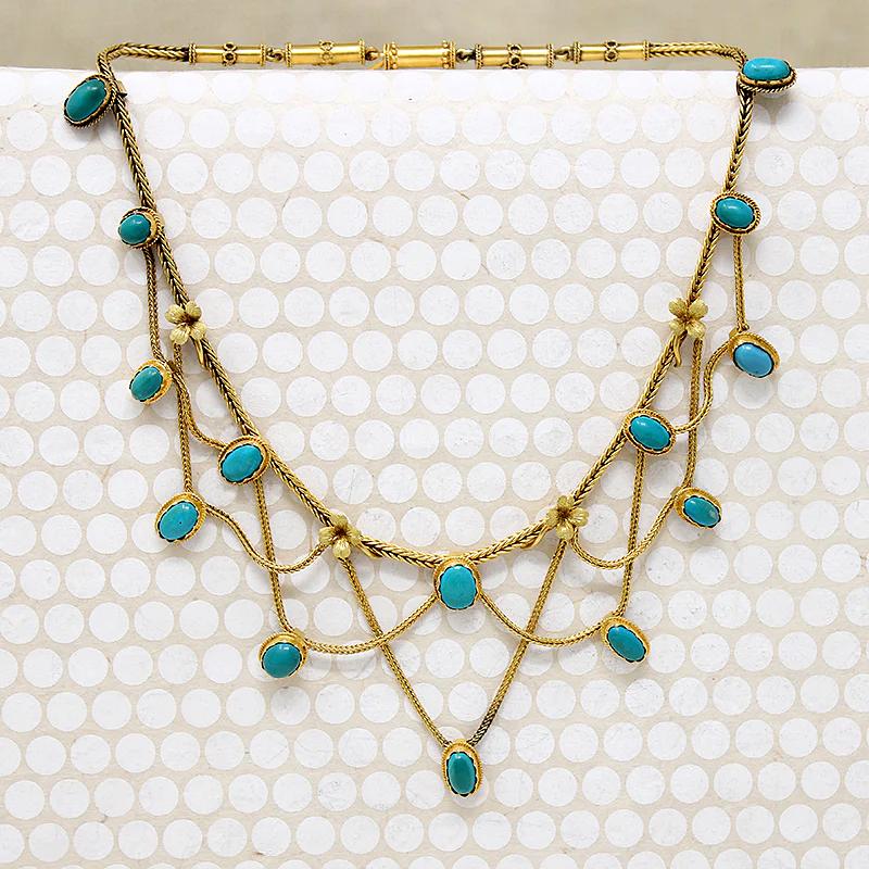 Sumptuous Architectural Revival Gold & Turquoise Swag Necklace