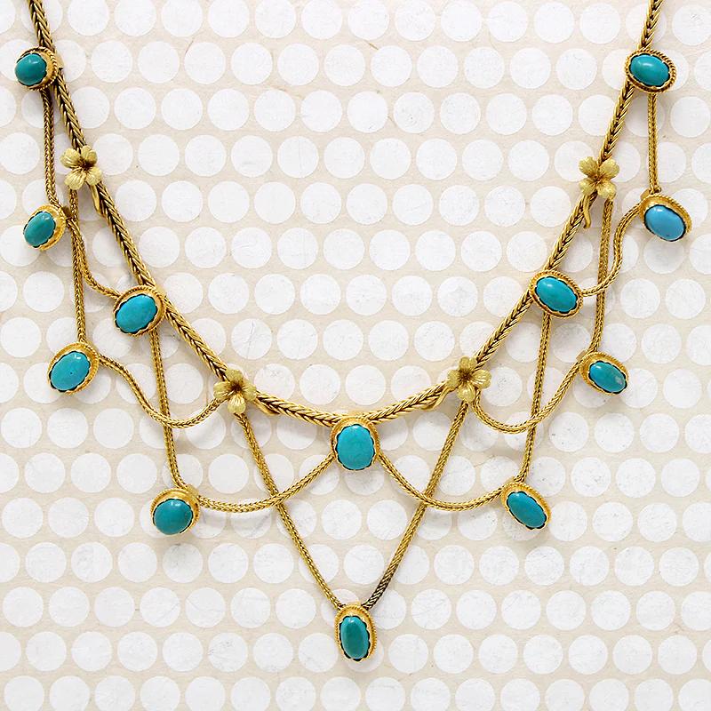 Sumptuous Architectural Revival Gold & Turquoise Swag Necklace