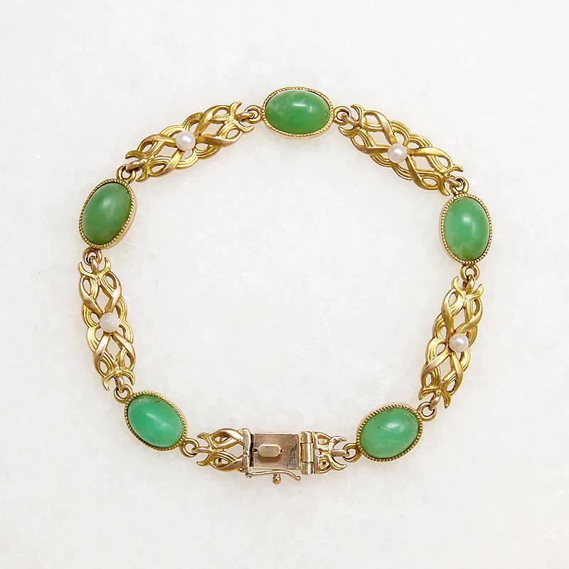 Golden Leaves and Jade Art Nouveau Bracelet