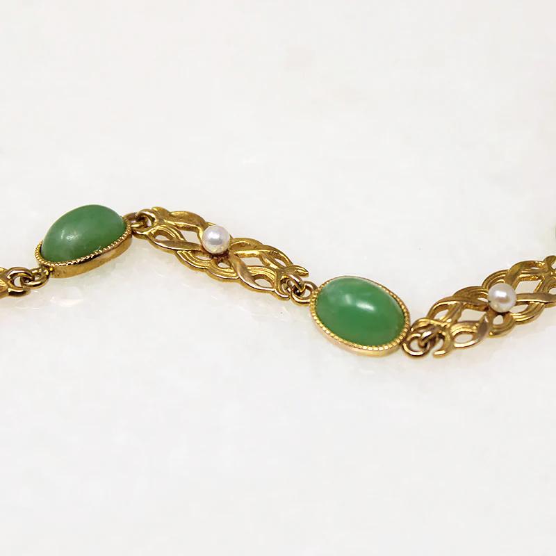 Golden Leaves and Jade Art Nouveau Bracelet