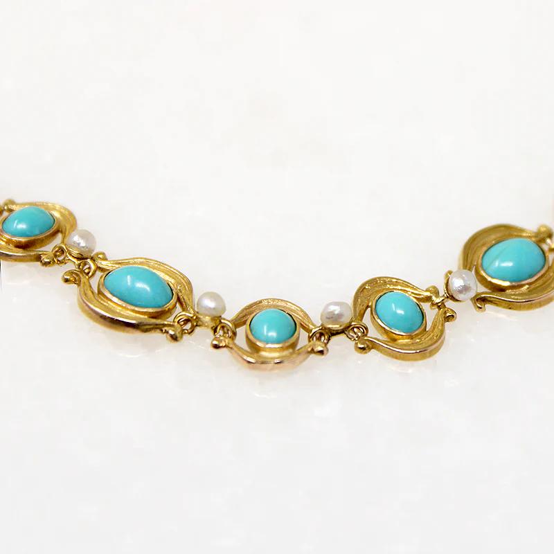 Turquoise & Pearl Art Nouveau Bracelet in Engraved Gold