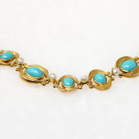 Turquoise & Pearl Art Nouveau Bracelet in Engraved Gold
