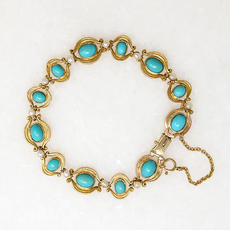 Turquoise & Pearl Art Nouveau Bracelet in Engraved Gold