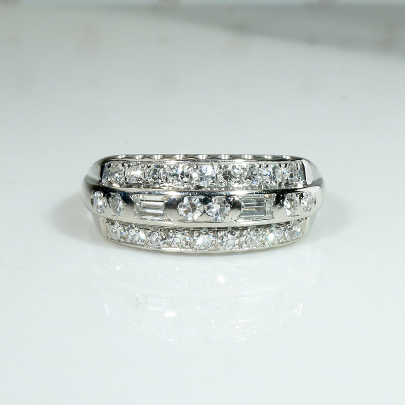 Unexpected Round & Baguette Three Row Diamond Band