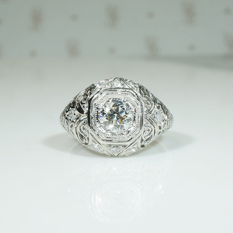 Delicious Diamond-Spangled Platinum Filigree Dome Ring