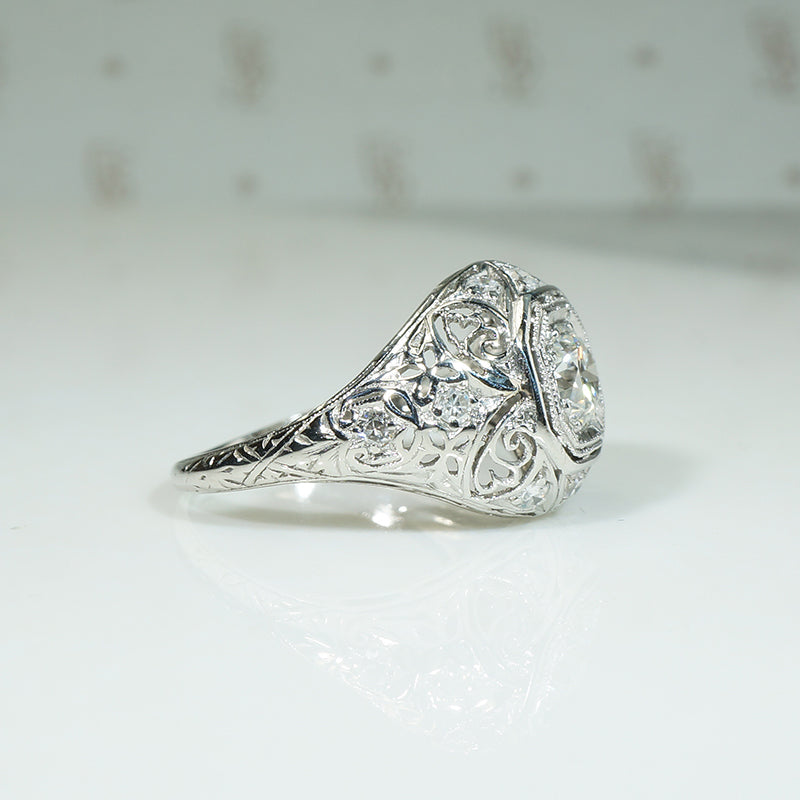Delicious Diamond-Spangled Platinum Filigree Dome Ring