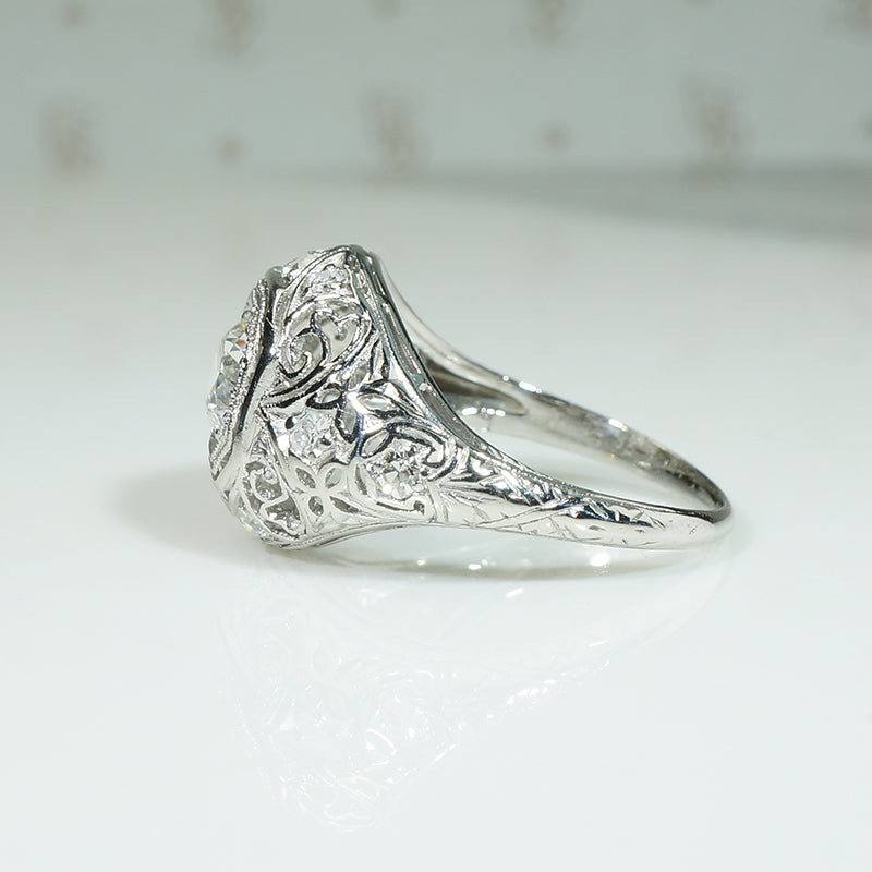 Delicious Diamond-Spangled Platinum Filigree Dome Ring