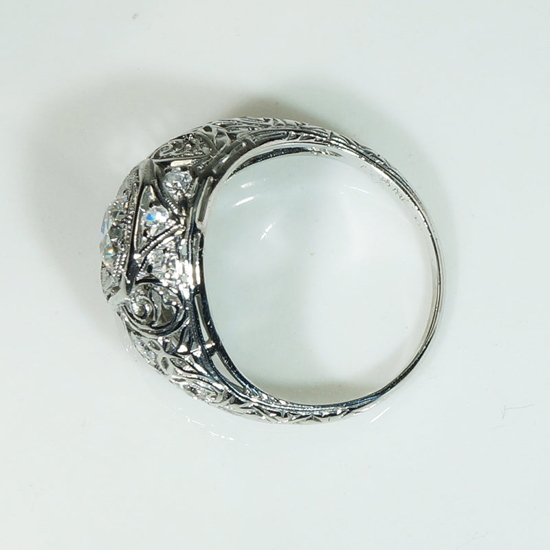 Delicious Diamond-Spangled Platinum Filigree Dome Ring