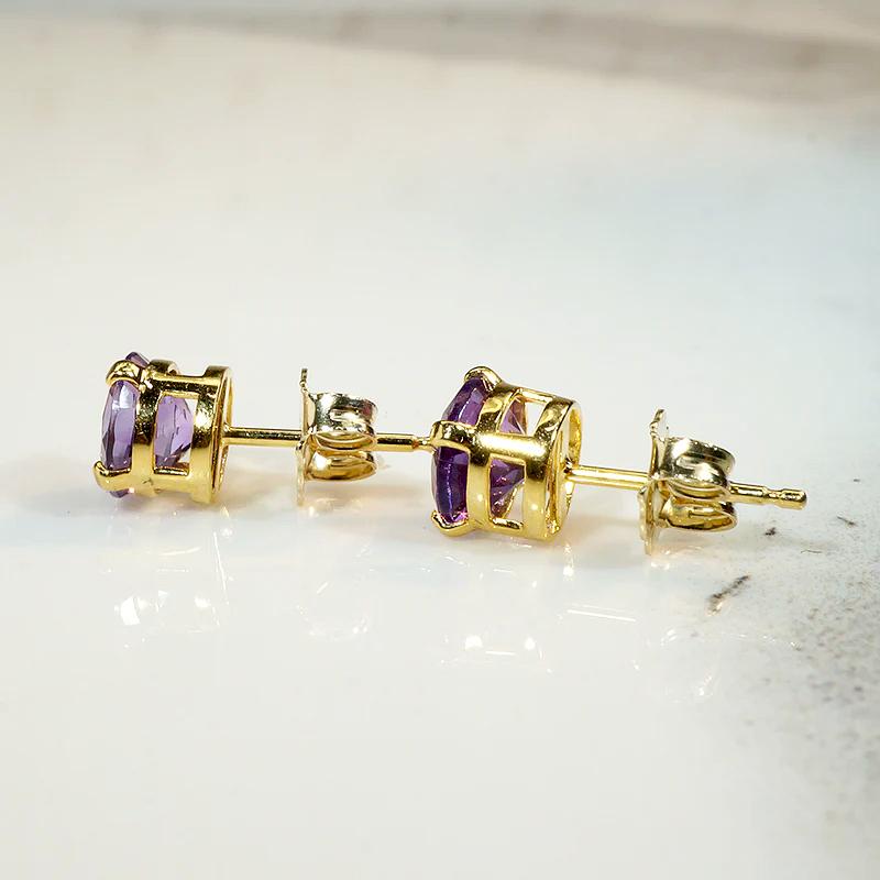 Bright Purple Amethyst Stud Earrings in 14k Gold