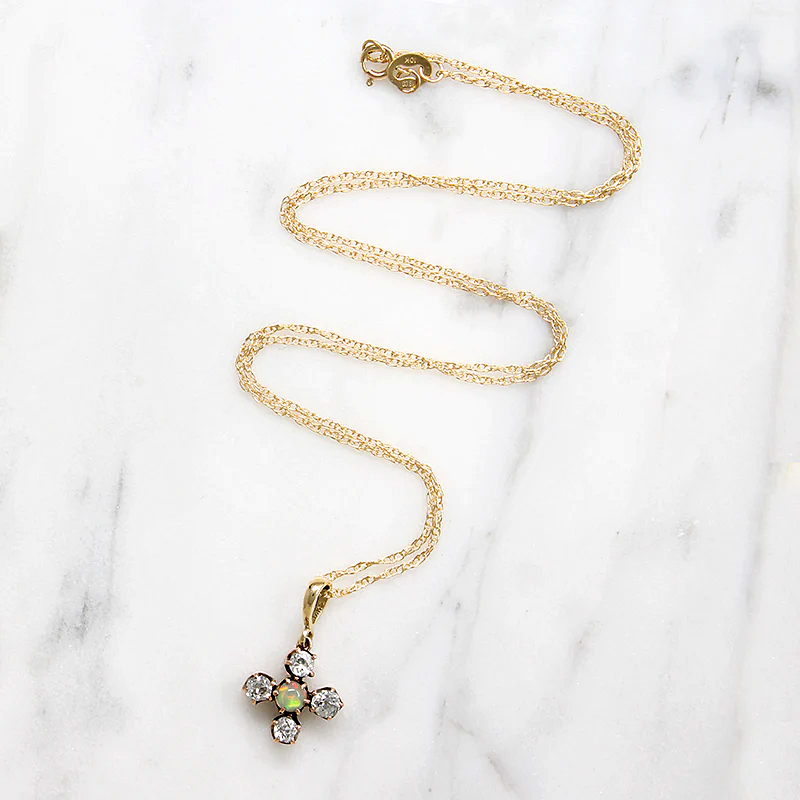 Sweet Opal & Old Mine Cut Diamond Pendant in Rosy Gold