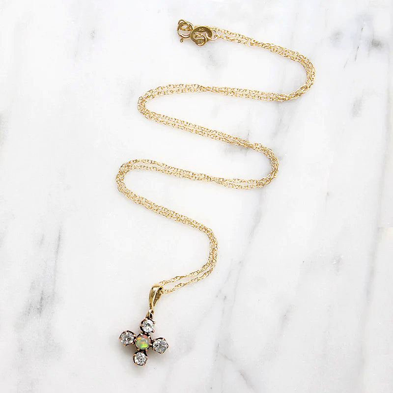 Sweet Opal & Old Mine Cut Diamond Pendant in Rosy Gold