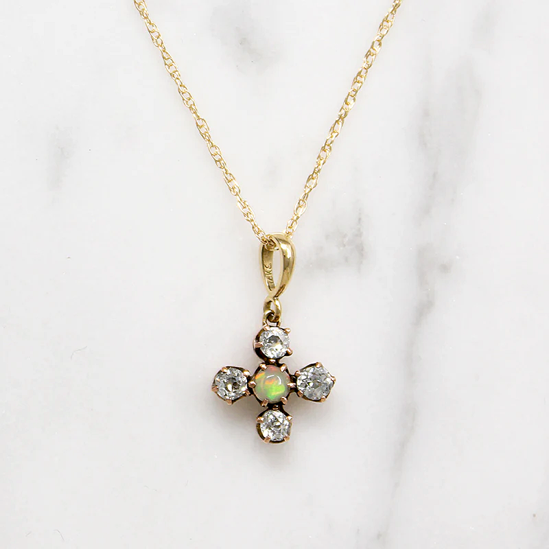 Sweet Opal & Old Mine Cut Diamond Pendant in Rosy Gold