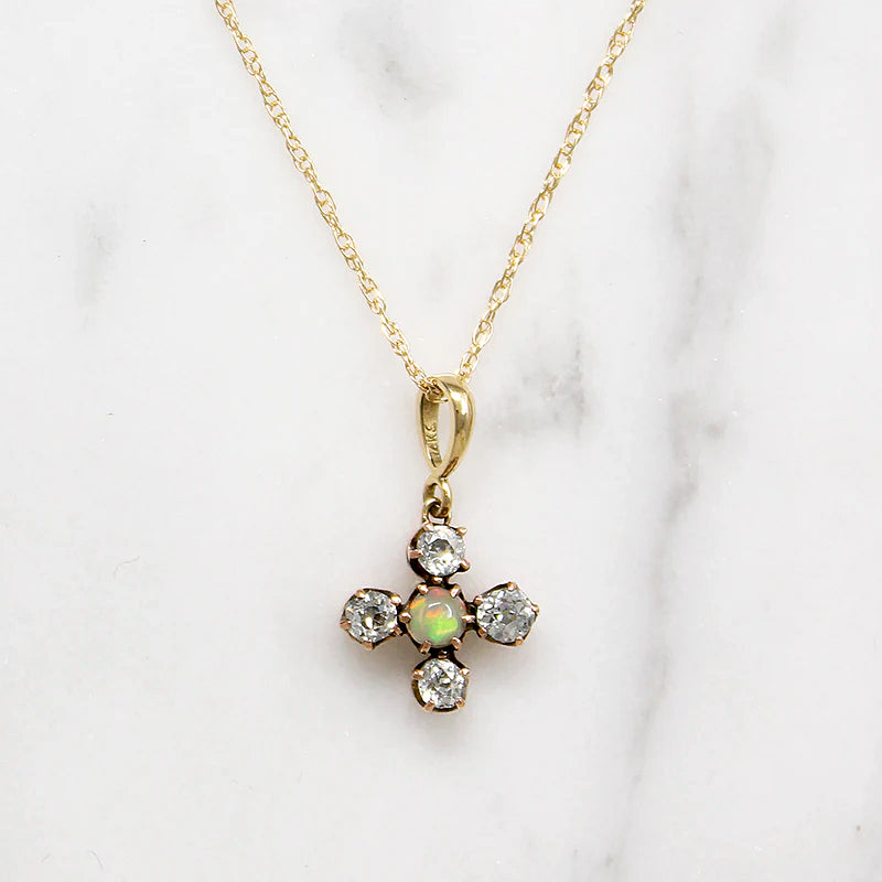 Sweet Opal & Old Mine Cut Diamond Pendant in Rosy Gold
