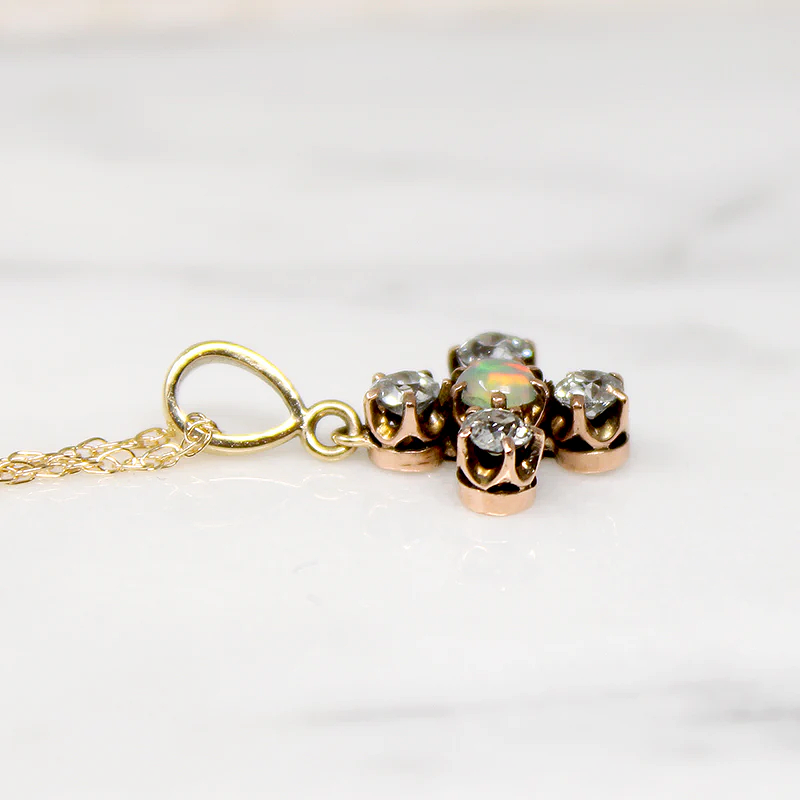 Sweet Opal & Old Mine Cut Diamond Pendant in Rosy Gold