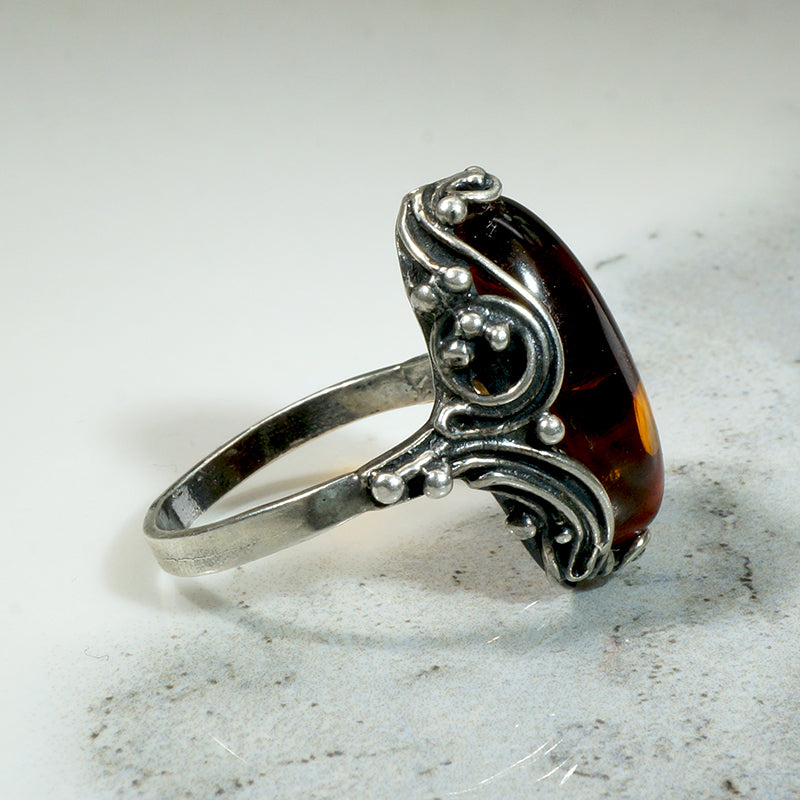 Golden Amber in Undulating Silver Ring