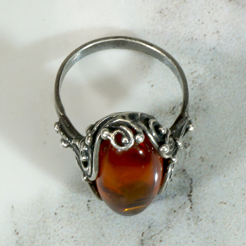 Golden Amber in Undulating Silver Ring