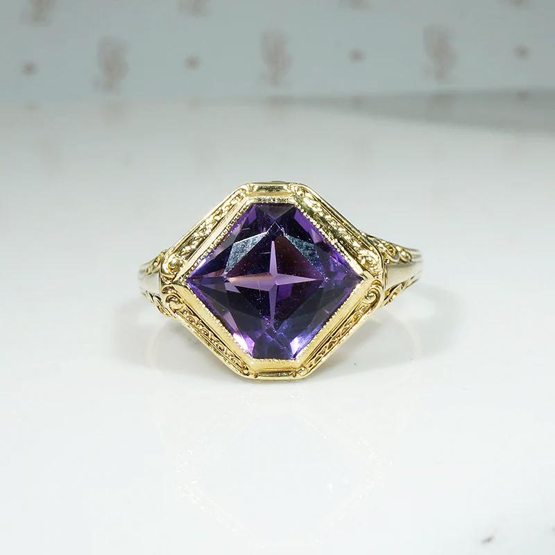 Unique Hand Cut Amethyst in Gold Filigree Ring