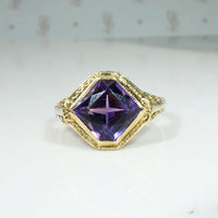 Unique Hand Cut Amethyst in Gold Filigree Ring