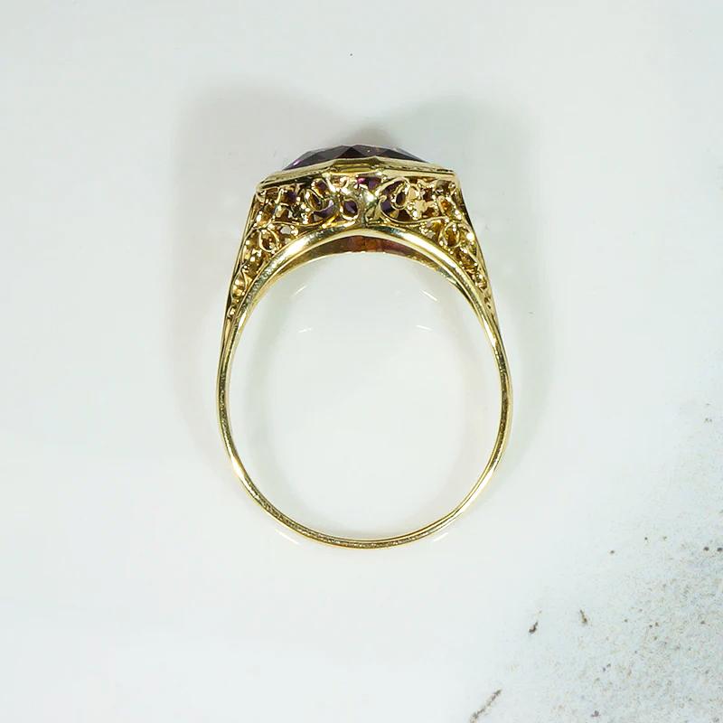 Unique Hand Cut Amethyst in Gold Filigree Ring