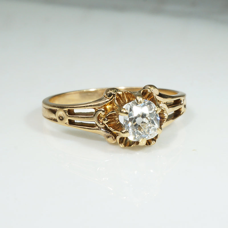 Squoval Old Mine Cut Diamond in Delightful Belcher Ring