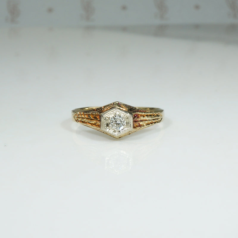 Tiny Engraved Art Deco Diamond Solitaire Ring
