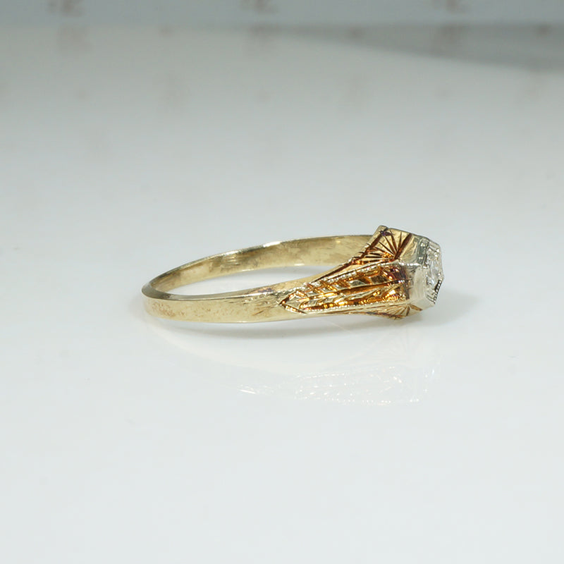 Tiny Engraved Art Deco Diamond Solitaire Ring