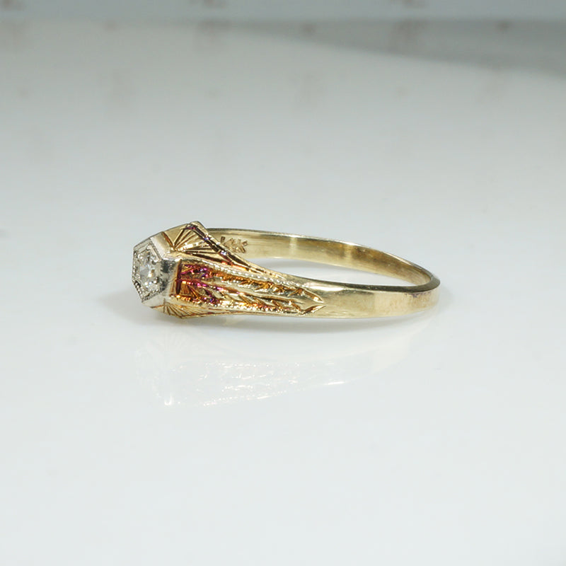 Tiny Engraved Art Deco Diamond Solitaire Ring