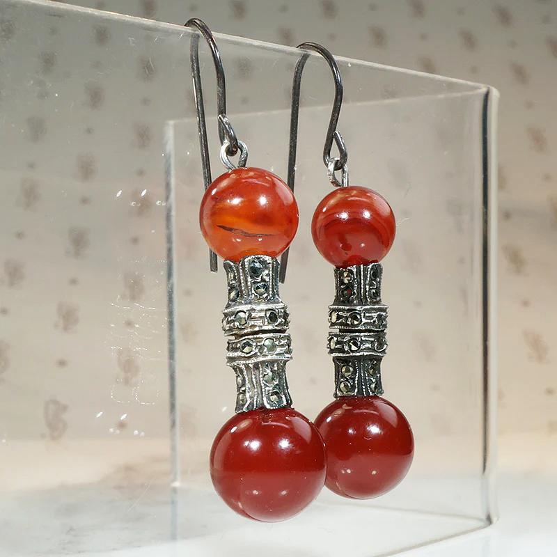 Architectural Art Deco Carnelian & Marcasite Earrings