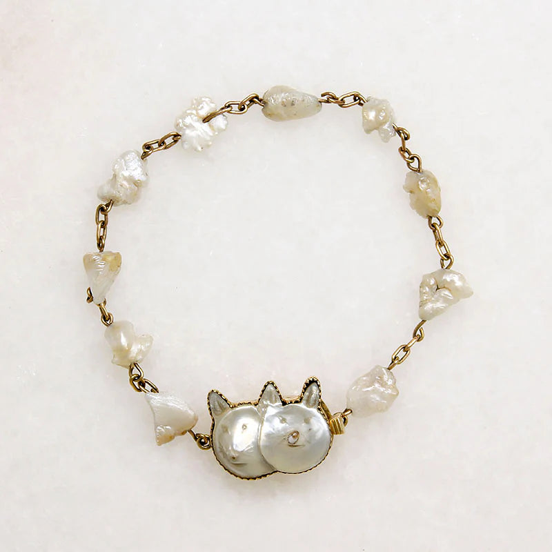 Whimsical Pearl & Gold Kitty Cat Bracelet by A.O. Kopp