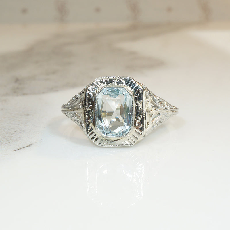 Lacy Deco Filigree Aquamarine Ring