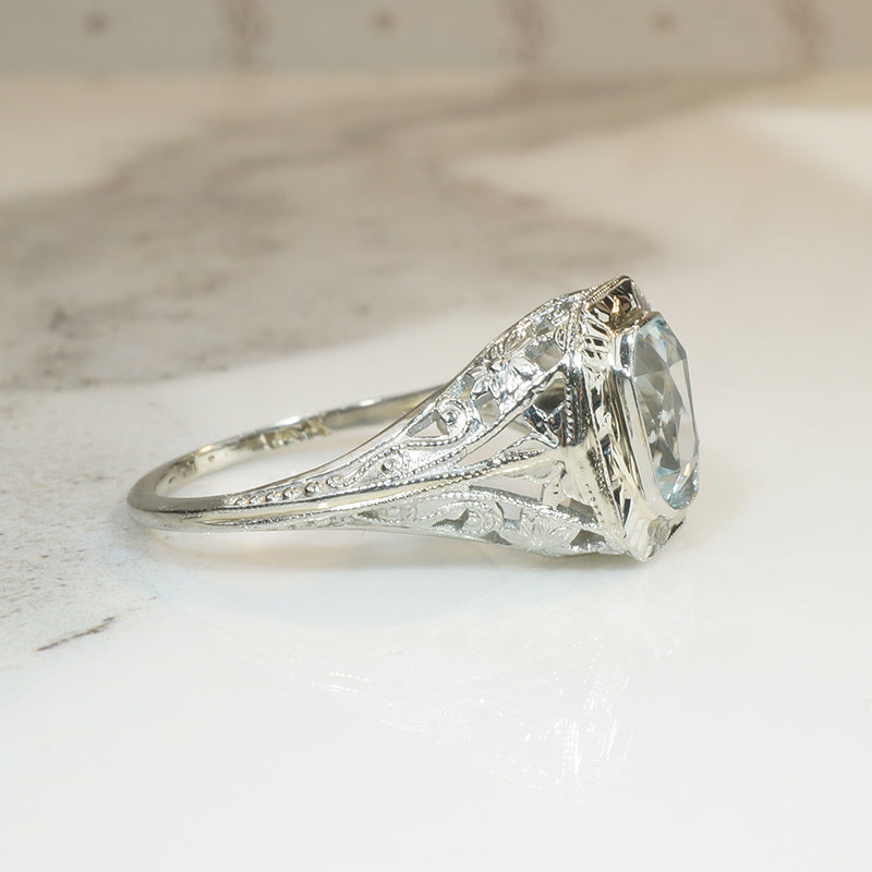 Lacy Deco Filigree Aquamarine Ring