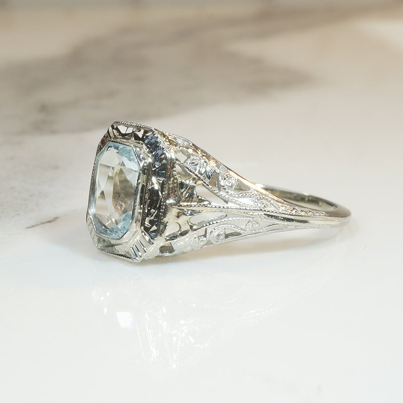 Lacy Deco Filigree Aquamarine Ring