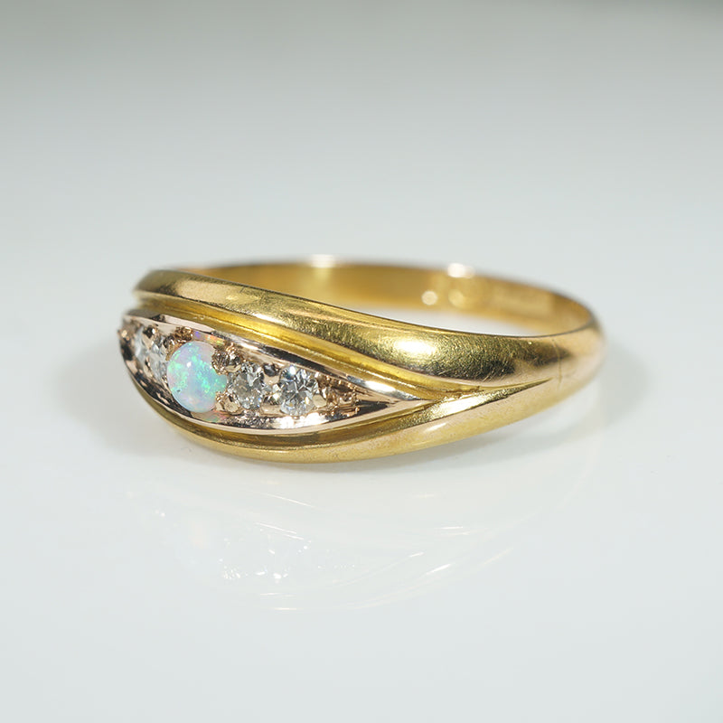 English 18ct Gold "Eye" Band with Opal & Diamond