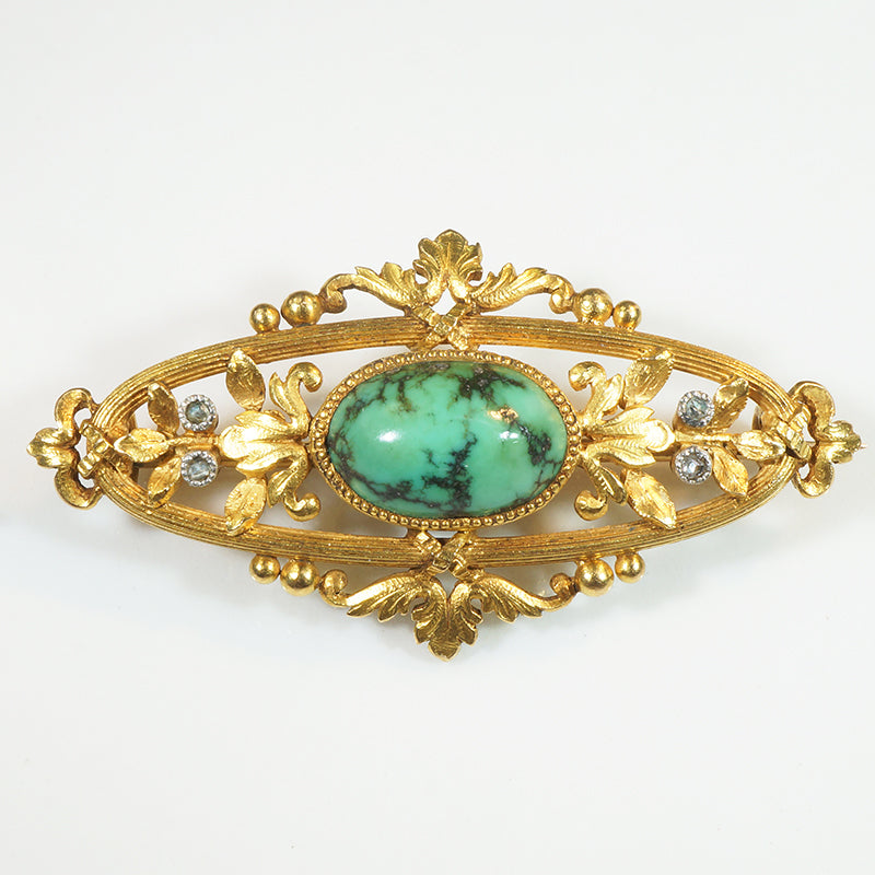 French Turquoise & 18k Gold Brooch with Diamond Sparks