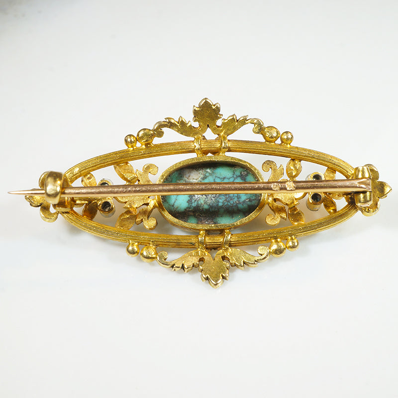 French Turquoise & 18k Gold Brooch with Diamond Sparks