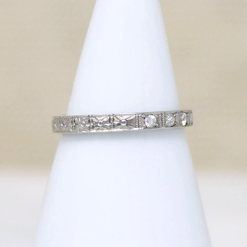 Exquisitely Engraved Diamond & White Gold Band