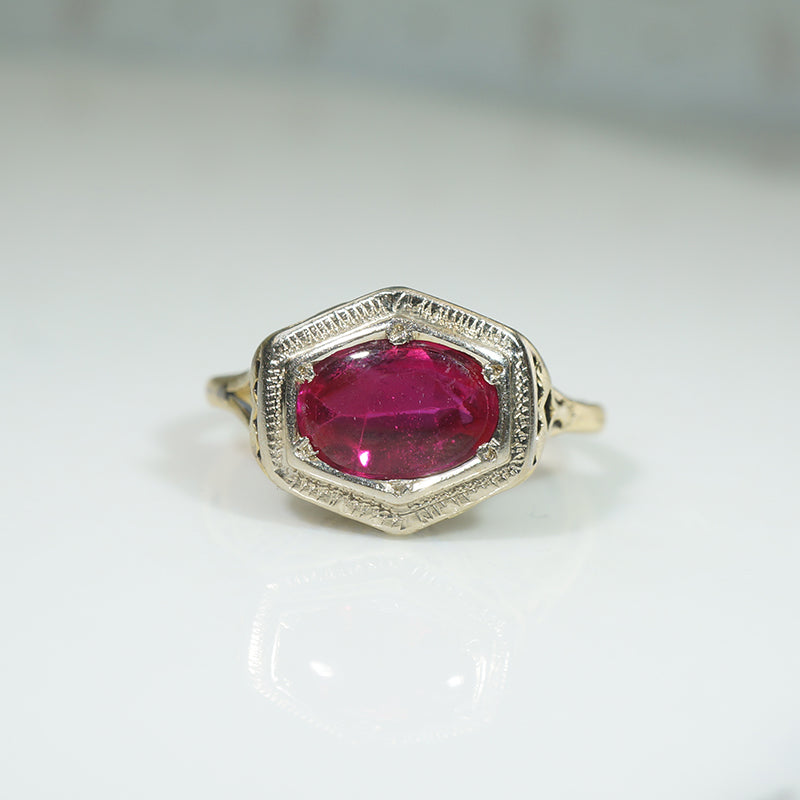 Hot Pink Ruby Cabochon in Gold Filigree Ring