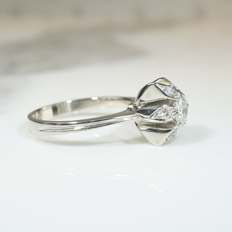 Mid Century Diamond & 18k White Gold Flower Ring