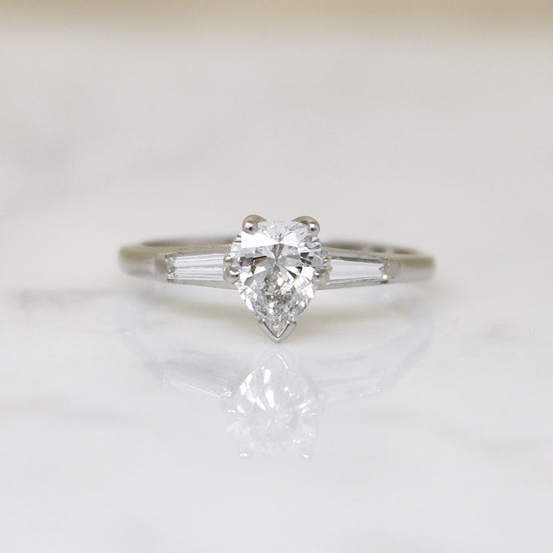 Pear Cut Diamond with Baguettes in White Gold Ring