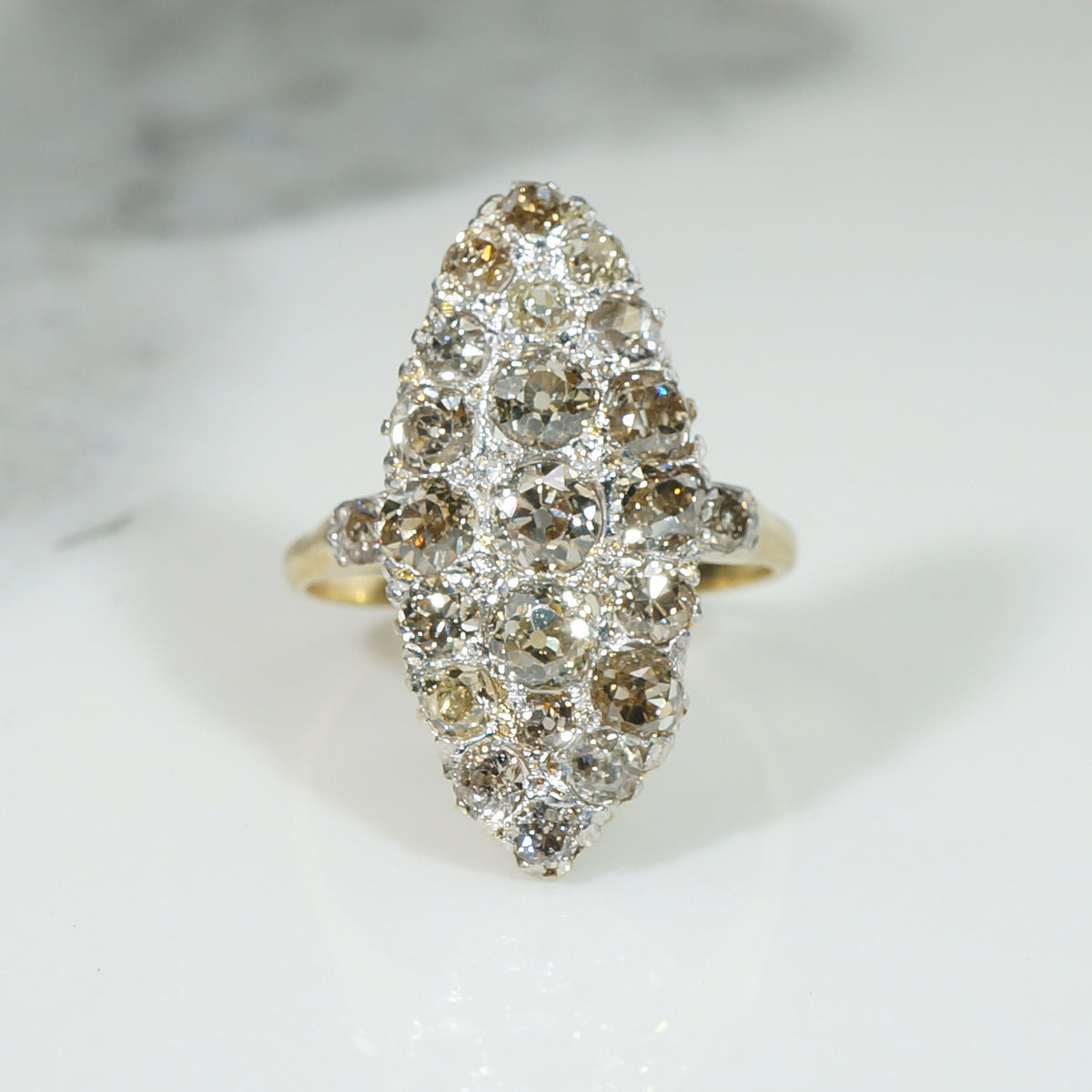 Delicious Marquise Shaped Ring of Old Mine Cut Diamonds