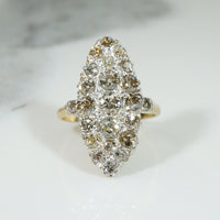Delicious Marquise Shaped Ring of Old Mine Cut Diamonds