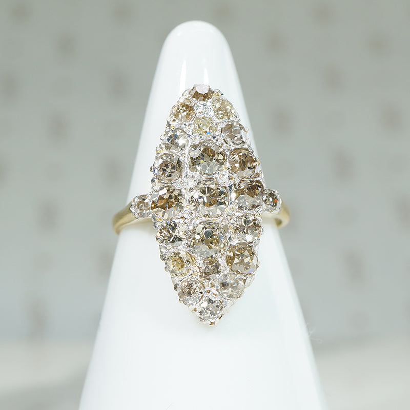 Delicious Marquise Shaped Ring of Old Mine Cut Diamonds