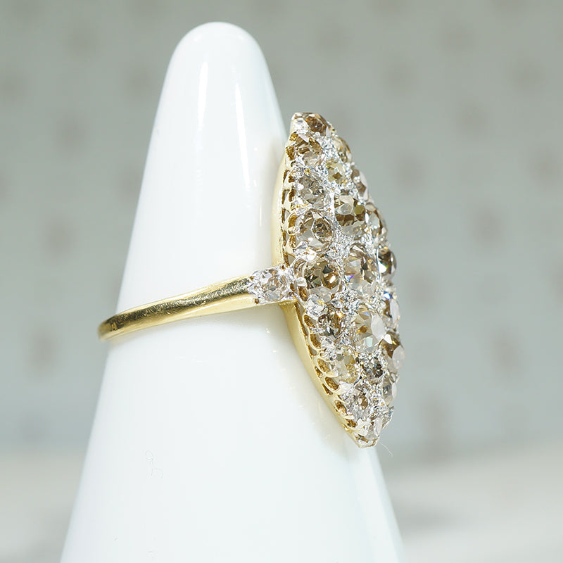Delicious Marquise Shaped Ring of Old Mine Cut Diamonds