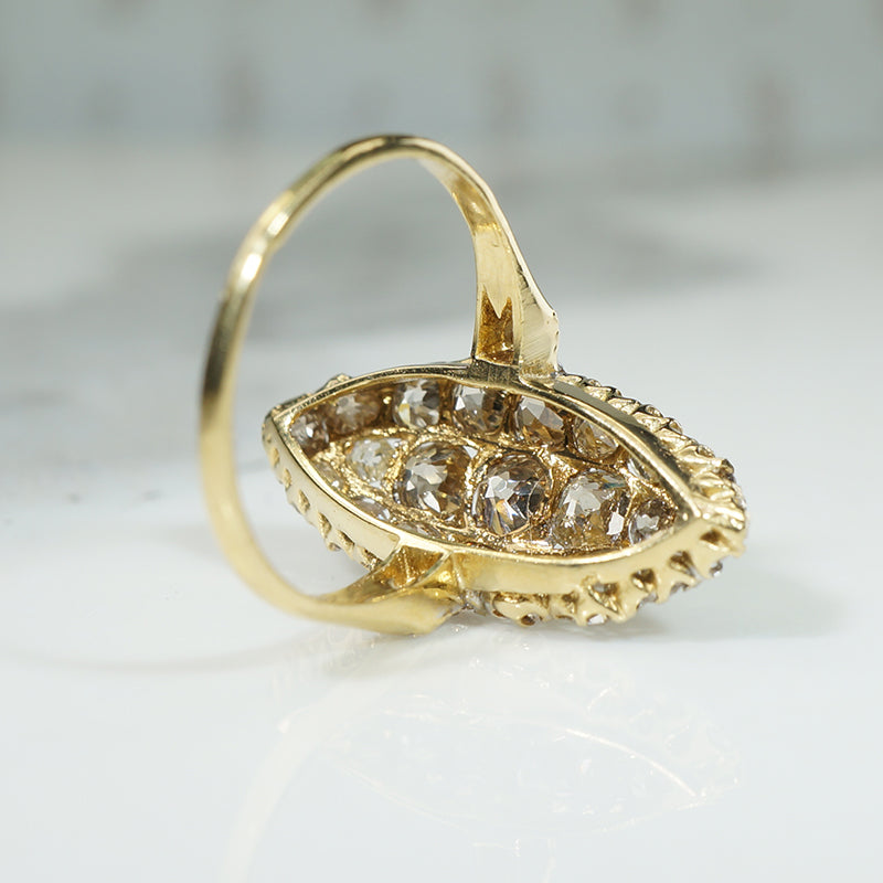 Delicious Marquise Shaped Ring of Old Mine Cut Diamonds